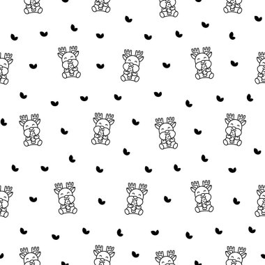 Şirin kawaii geyik karakteri. Kusursuz desen. Boyama sayfası. Çizgi film komik vahşi hayvan. Komik geyik. El çizimi stili. Vektör çizimi. Tasarım süslemeleri.