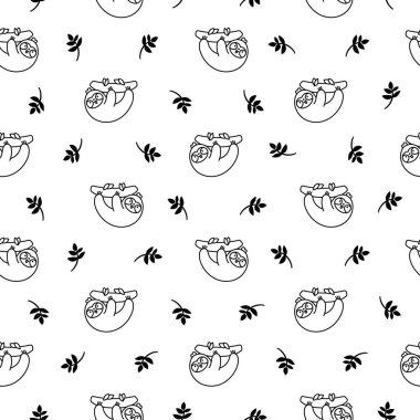 Şirin kawaii tembel hayvan karakteri. Kusursuz desen. Boyama sayfası. Çizgi film komik vahşi hayvan. El çizimi stili. Vektör çizimi. Tasarım süslemeleri.