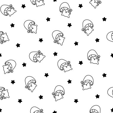 Şirin kawaii komik mantarı. Kusursuz desen. Boyama sayfası. Farklı pozlarda çizgi film karakteri. El çizimi stili. Vektör çizimi. Tasarım süslemeleri.