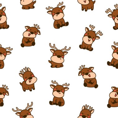 Şirin kawaii geyik karakteri. Kusursuz desen. Çizgi film komik vahşi hayvan. Komik geyik. El çizimi stili. Vektör çizimi. Tasarım süslemeleri.