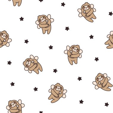 Şirin kawaii tembel hayvan karakteri. Kusursuz desen. Çizgi film komik vahşi hayvan. El çizimi stili. Vektör çizimi. Tasarım süslemeleri.