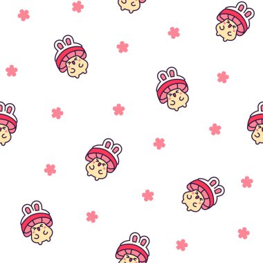 Şirin kawaii komik mantarı. Kusursuz desen. Farklı pozlarda çizgi film karakteri. El çizimi stili. Vektör çizimi. Tasarım süslemeleri.