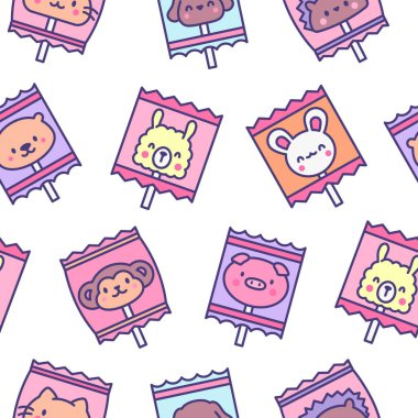 Hayvan suratlı şirin bir lolipop. Kusursuz desen. Çizgi film şekerleri. El çizimi stili. Vektör çizimi. Tasarım süslemeleri.