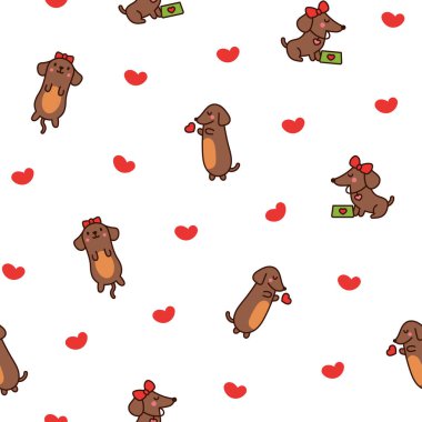 Mutlu kawaii dachshund 'lar. Kusursuz desen. Tatlı çizgi film köpek karakterleri. El çizimi stili. Vektör çizimi. Tasarım süslemeleri.