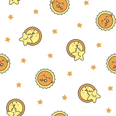 Yüzü güzel kawaii güneşi. Kusursuz desen. Gülen çizgi film karakterleri. El çizimi stili. Vektör çizimi. Tasarım süslemeleri.