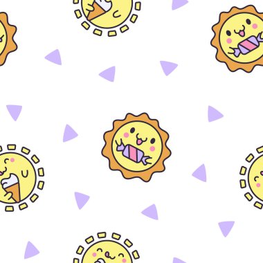 Yüzü güzel kawaii güneşi. Kusursuz desen. Gülen çizgi film karakterleri. El çizimi stili. Vektör çizimi. Tasarım süslemeleri.