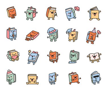 Şirin bir kitap karakteri. Komik çizgi film kahramanı. El çizimi stili. Vektör çizimi. Tasarım elementlerinin koleksiyonu.