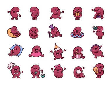 Sevimli organik fasulye tohumu karakteri. Komik çizgi film yemekleri. El çizimi stili. Vektör çizimi. Tasarım elementlerinin koleksiyonu.