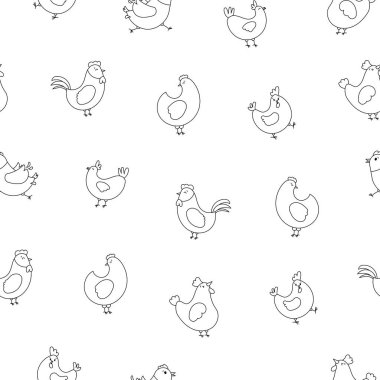 Tavuk horozu ve piliç. Kusursuz desen. Boyama sayfası. Sevimli tavuk çiftliği karakterleri. Vektör çizimi. Tasarım süslemeleri.