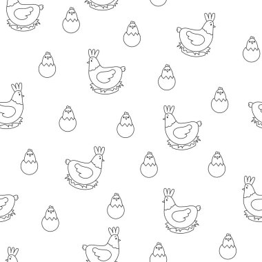 Tavuk horozu ve piliç. Kusursuz desen. Boyama sayfası. Sevimli tavuk çiftliği karakterleri. Vektör çizimi. Tasarım süslemeleri.