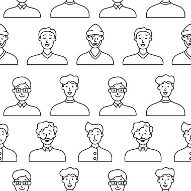 Erkekler avatarları. Kusursuz desen. Boyama sayfası. Farklı saç stilleri ve kıyafetleri olan sıradan bir erkek portresi. Kullanıcı profilleri. El çizimi stili. Vektör çizimi. Tasarım süslemeleri.