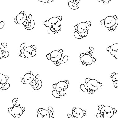 Şirin kawaii axolotl. Kusursuz desen. Boyama sayfası. Çizgi film komik hayvan karakterleri. El çizimi stili. Vektör çizimi. Tasarım süslemeleri.