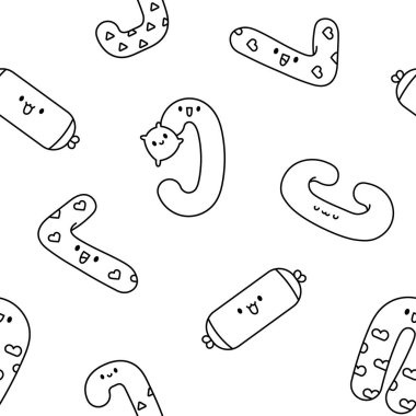 Tatlı Kawaii hamilelik yastığı karakterleri. Kusursuz desen. Boyama sayfası. Uyumak, hemşirelik, dinlenmek için çizgi film aksesuarı. El çizimi stili. Vektör çizimi. Tasarım süslemeleri.