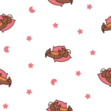Mutlu kawaii dachshund 'lar. Kusursuz desen. Tatlı çizgi film köpek karakterleri. El çizimi stili. Vektör çizimi. Tasarım süslemeleri.