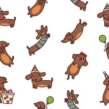 Mutlu kawaii dachshund 'lar. Kusursuz desen. Tatlı çizgi film köpek karakterleri. El çizimi stili. Vektör çizimi. Tasarım süslemeleri.