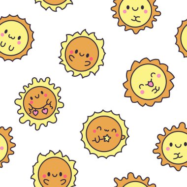 Yüzü güzel kawaii güneşi. Kusursuz desen. Gülen çizgi film karakterleri. El çizimi stili. Vektör çizimi. Tasarım süslemeleri.