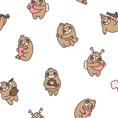 Şirin kawaii tembel hayvan karakteri. Kusursuz desen. Çizgi film komik vahşi hayvan. El çizimi stili. Vektör çizimi. Tasarım süslemeleri.