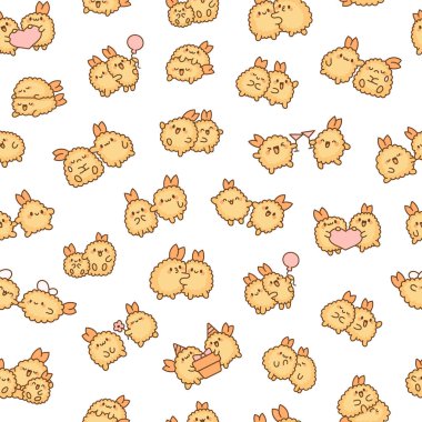 Tatlı çift kızarmış karides tempurası. Kusursuz desen. Japon yemek karakterleri. El çizimi stili. Vektör çizimi. Tasarım süslemeleri.