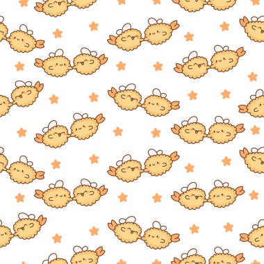 Tatlı çift kızarmış karides tempurası. Kusursuz desen. Japon yemek karakterleri. El çizimi stili. Vektör çizimi. Tasarım süslemeleri.