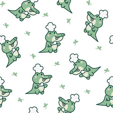 Şirin kawaii timsahı. Kusursuz desen. Çizgi film tapılası hayvan karakterleri. El çizimi stili. Vektör çizimi. Tasarım süslemeleri.