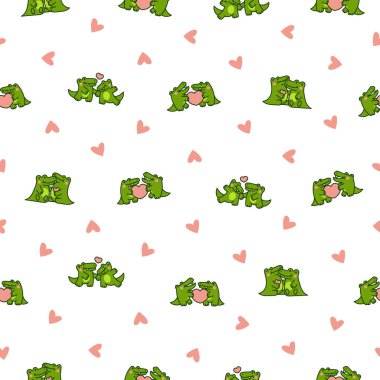 Tatlı çift timsah karakterleri. Kusursuz desen. Komik arkadaşlar timsah çizgi film hayvanı. El çizimi stili. Vektör çizimi. Tasarım süslemeleri.