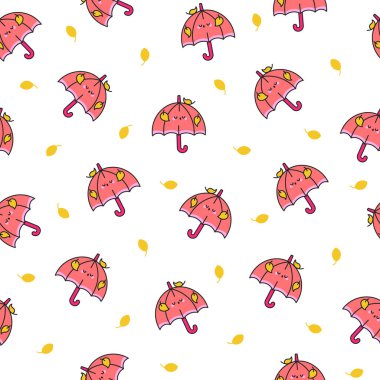 Şirin kawaii şemsiyesi. Kusursuz desen. Çizgi film yağmurlu mevsimlik şemsiye karakteri. El çizimi stili. Vektör çizimi. Tasarım süslemeleri.
