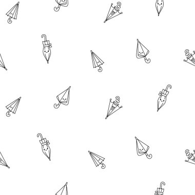 Şirin kawaii şemsiyesi. Kusursuz desen. Boyama sayfası. Çizgi film yağmurlu mevsimlik şemsiye karakteri. El çizimi stili. Vektör çizimi. Tasarım süslemeleri.