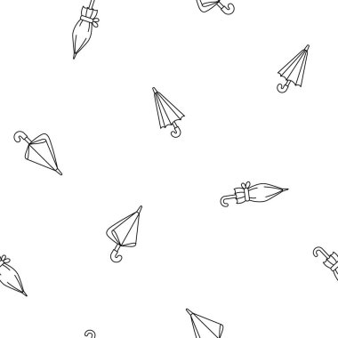 Açık ve kapalı şemsiye. Kusursuz desen. Boyama sayfası. Sonbahar ya da bahar sezonu. Yağmurun korunması. El çizimi stili. Vektör çizimi. Tasarım süslemeleri.