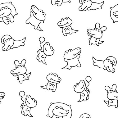 Şirin kawaii timsahı. Kusursuz desen. Boyama sayfası. Çizgi film tapılası hayvan karakterleri. El çizimi stili. Vektör çizimi. Tasarım süslemeleri.