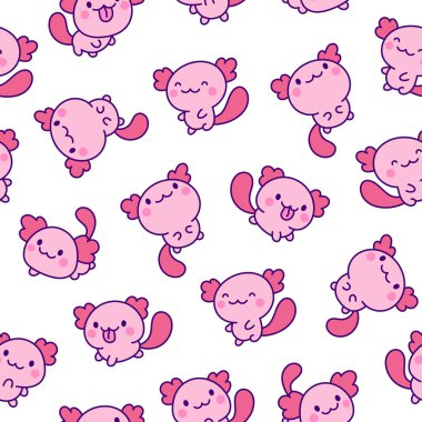 Şirin kawaii axolotl. Kusursuz desen. Çizgi film komik hayvan karakterleri. El çizimi stili. Vektör çizimi. Tasarım süslemeleri.