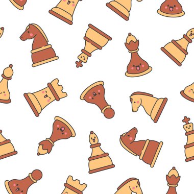 Mutlu yüzlü şirin satranç taşları. Kusursuz desen. Çizgi film kawaii karakteri. El çizimi stili. Vektör çizimi. Tasarım süslemeleri.