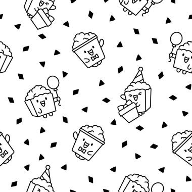 Şirin kawaii patlamış mısır karakteri. Kusursuz desen. Boyama sayfası. Çizgili komik çizgili kova dolusu çıtır yemek. El çizimi stili. Vektör çizimi. Tasarım süslemeleri.