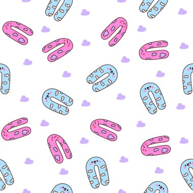 Tatlı Kawaii hamilelik yastığı karakterleri. Kusursuz desen. Uyumak, hemşirelik, dinlenmek için çizgi film aksesuarı. El çizimi stili. Vektör çizimi. Tasarım süslemeleri.