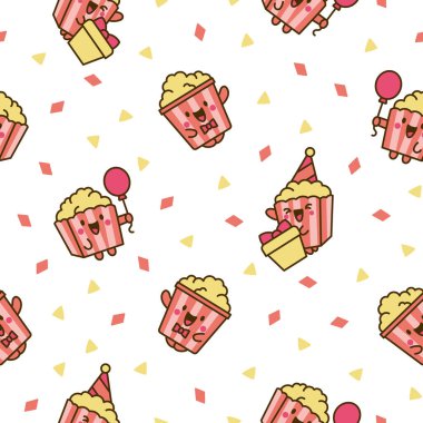 Şirin kawaii patlamış mısır karakteri. Kusursuz desen. Çizgili komik çizgili kova dolusu çıtır yemek. El çizimi stili. Vektör çizimi. Tasarım süslemeleri.