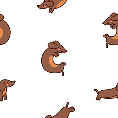 Mutlu kawaii dachshund 'lar. Kusursuz desen. Tatlı çizgi film köpek karakterleri. El çizimi stili. Vektör çizimi. Tasarım süslemeleri.