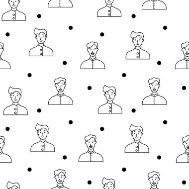 Erkekler avatarları. Kusursuz desen. Boyama sayfası. Farklı saç stilleri ve kıyafetleri olan sıradan bir erkek portresi. Kullanıcı profilleri. El çizimi stili. Vektör çizimi. Tasarım süslemeleri.