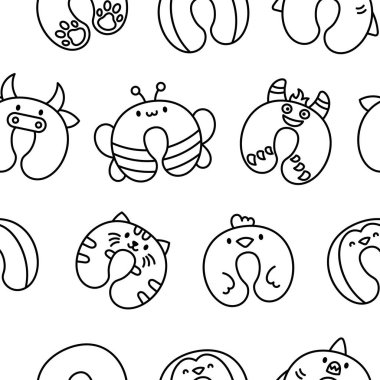 Hayvan suratlı bir boyun yastığı. Kusursuz desen. Boyama sayfası. Sağlıklı uykunun suç ortağı. El çizimi stili. Vektör çizimi. Tasarım süslemeleri.