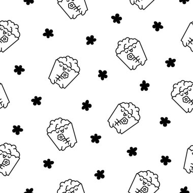 Şirin kawaii patlamış mısır karakteri. Kusursuz desen. Boyama sayfası. Çizgili komik çizgili kova dolusu çıtır yemek. El çizimi stili. Vektör çizimi. Tasarım süslemeleri.