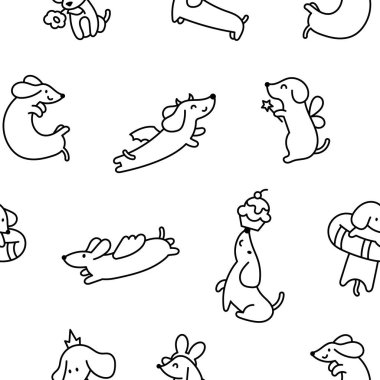 Mutlu kawaii dachshund 'lar. Kusursuz desen. Boyama sayfası. Tatlı çizgi film köpek karakterleri. El çizimi stili. Vektör çizimi. Tasarım süslemeleri.