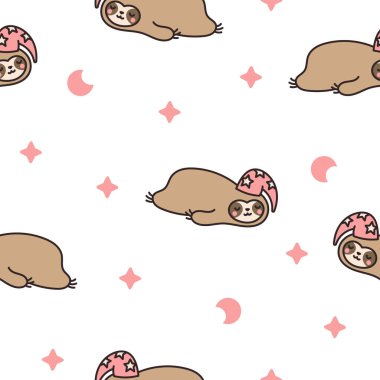 Şirin kawaii tembel hayvan karakteri. Kusursuz desen. Çizgi film komik vahşi hayvan. El çizimi stili. Vektör çizimi. Tasarım süslemeleri.