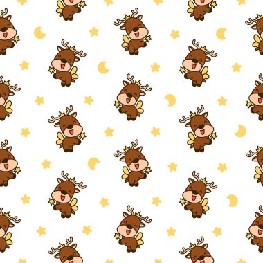 Şirin kawaii geyik karakteri. Kusursuz desen. Çizgi film komik vahşi hayvan. Komik geyik. El çizimi stili. Vektör çizimi. Tasarım süslemeleri.