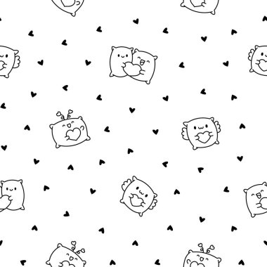 Tatlı yüzlü Kawaii yastığı. Kusursuz desen. Boyama sayfası. Çizgi film karakteri. El çizimi stili. Vektör çizimi. Tasarım süslemeleri.