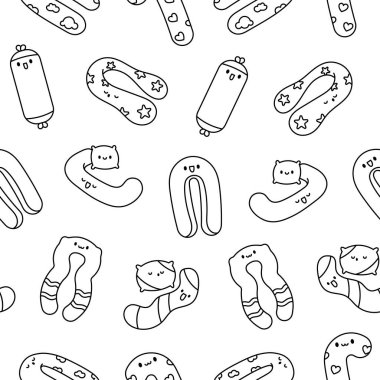 Tatlı Kawaii hamilelik yastığı karakterleri. Kusursuz desen. Boyama sayfası. Uyumak, hemşirelik, dinlenmek için çizgi film aksesuarı. El çizimi stili. Vektör çizimi. Tasarım süslemeleri.