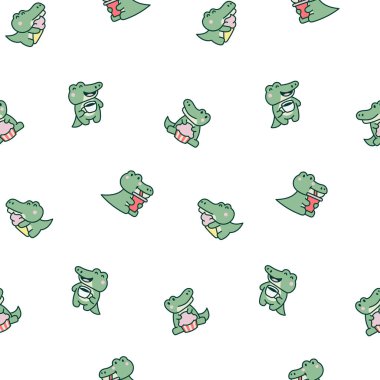 Şirin kawaii timsahı. Kusursuz desen. Çizgi film tapılası hayvan karakterleri. El çizimi stili. Vektör çizimi. Tasarım süslemeleri.