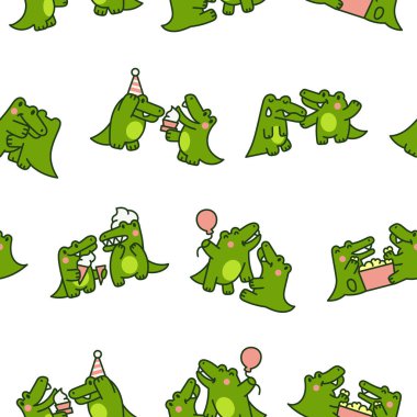 Tatlı çift timsah karakterleri. Kusursuz desen. Komik arkadaşlar timsah çizgi film hayvanı. El çizimi stili. Vektör çizimi. Tasarım süslemeleri.