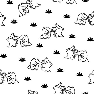 Tatlı çift timsah karakterleri. Kusursuz desen. Boyama sayfası. Komik arkadaşlar timsah çizgi film hayvanı. El çizimi stili. Vektör çizimi. Tasarım süslemeleri.