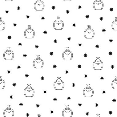 Hayvan suratlı sıvı sabun şişeleri. Kusursuz desen. Boyama sayfası. Banyo ve duş ürünleri. El çizimi stili. Vektör çizimi. Tasarım süslemeleri.