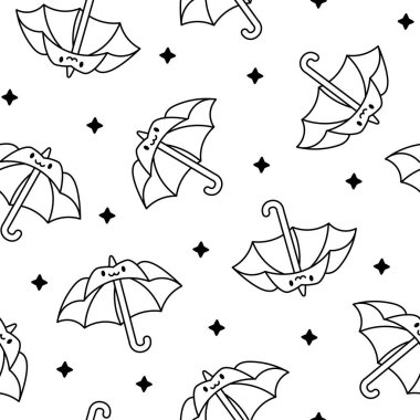 Şirin kawaii şemsiyesi. Kusursuz desen. Boyama sayfası. Çizgi film yağmurlu mevsimlik şemsiye karakteri. El çizimi stili. Vektör çizimi. Tasarım süslemeleri.