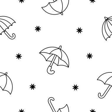 Açık ve kapalı şemsiye. Kusursuz desen. Boyama sayfası. Sonbahar ya da bahar sezonu. Yağmurun korunması. El çizimi stili. Vektör çizimi. Tasarım süslemeleri.