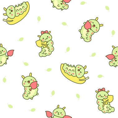 Şirin kawaii tırtılı. Kusursuz desen. Çizgi film küçük böcek karakterleri. El çizimi stili. Vektör çizimi. Tasarım süslemeleri.